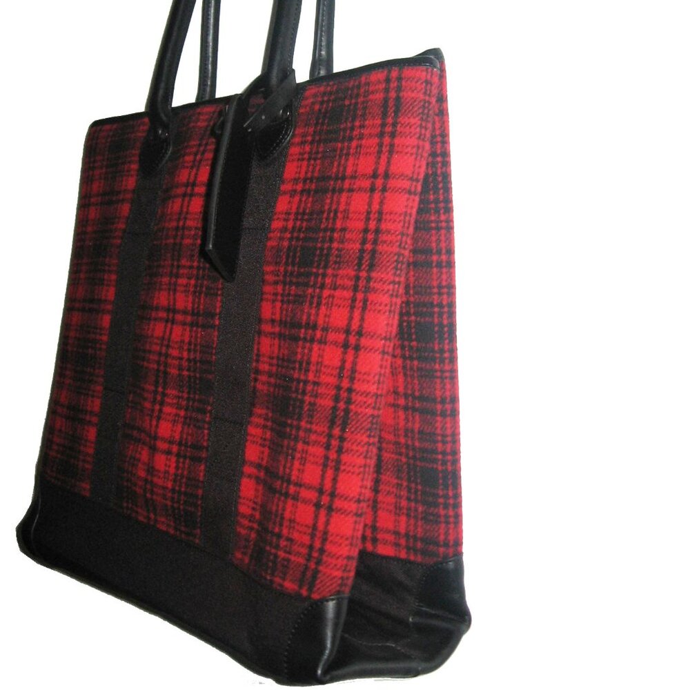 Woolrich Red Plaid Wool Leather Trim Parka Tote Luggage Hanger Carry On Handbag